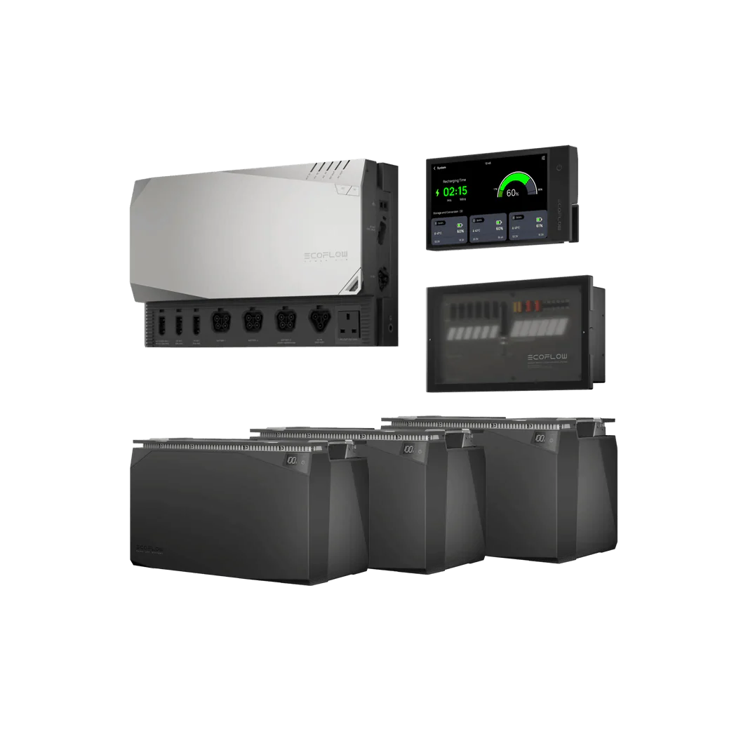 EcoFlow Independence Kit 15kWh complete off-grid power solution with multiple stacked batteries and smart control display on a transparent background.