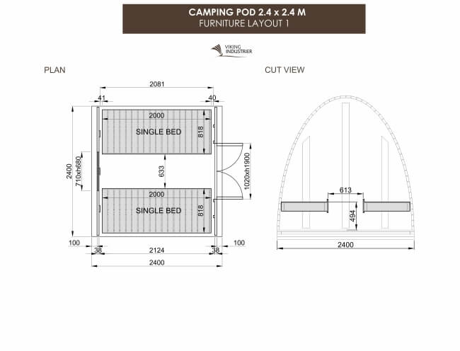 Furniture layout 1 with two single beds inside a Viking Industrier 2.4 x 2.4m Camping Pod on a white background.