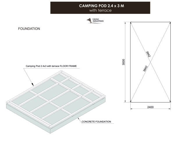 A floor foundation layout for Viking Industrier 2.4 x 3m Camping Pod with terrace, on a white background.
