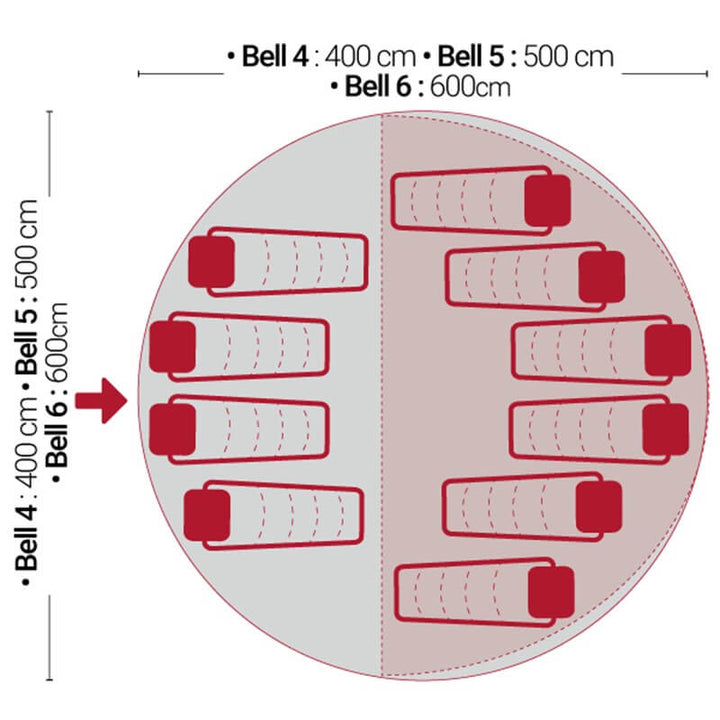 Interior layout diagram showing sleeping arrangements for Bell 4, Bell 5, and Bell 6 tents, on a white background.