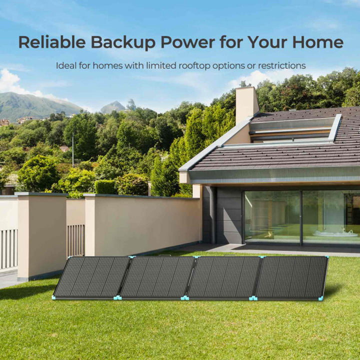 Foldable solar panels laid out on the green lawn of a modern home. The image emphasizes the system’s suitability for homes with limited rooftop access or restrictions.