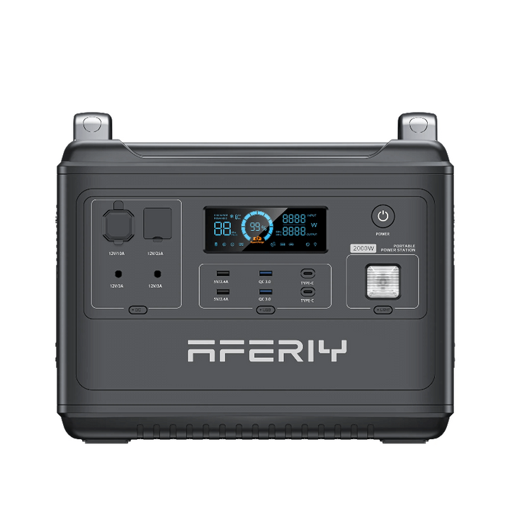 Front view of the Aferiy 2001A portable power station showcasing all input/output ports, digital display, and labeled control buttons, on a white background.