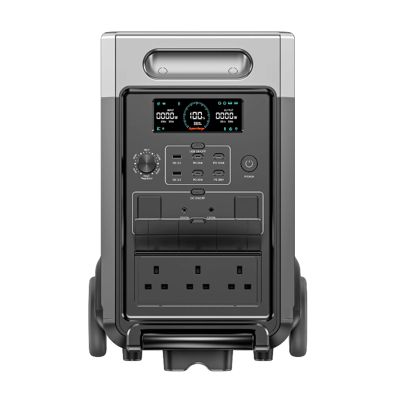 Front view of the Aferiy P310 portable power station showing its control panel, ports, dual AC outlets, and status display, on a white background.