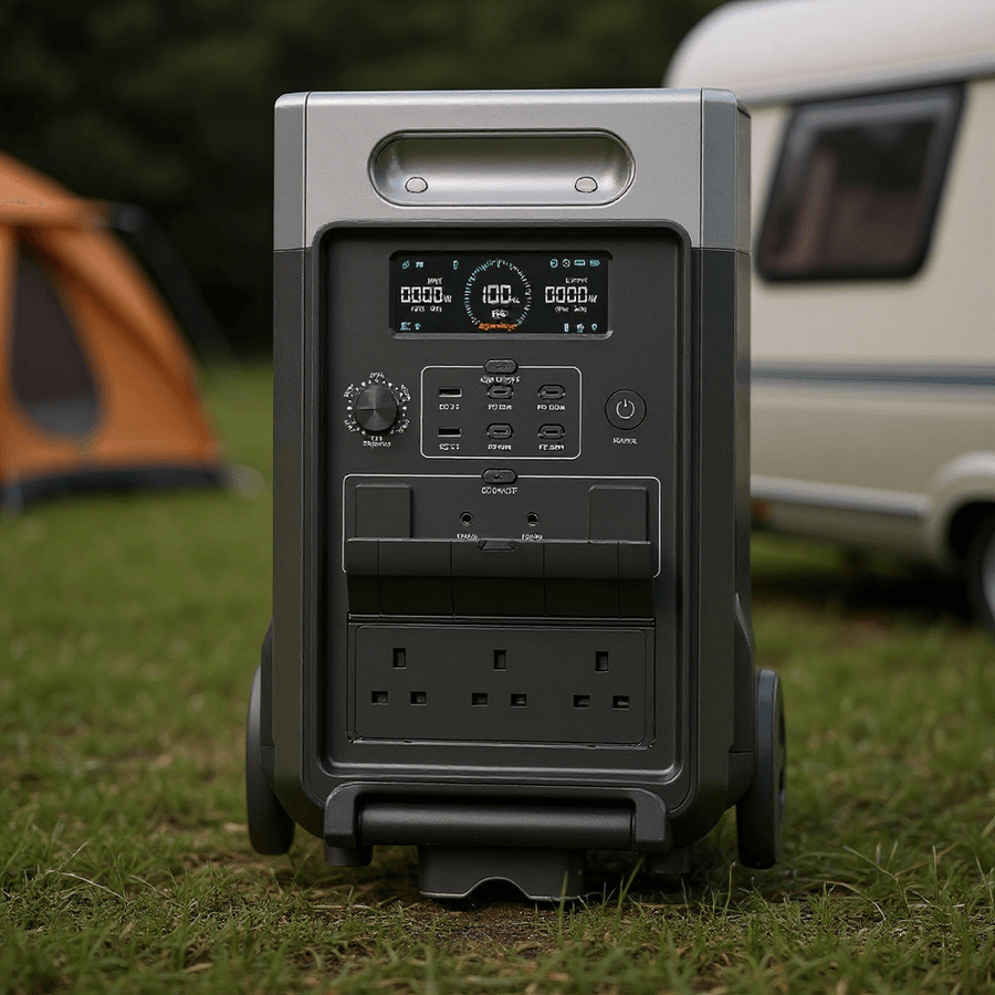 feriy P310 portable power station with digital display and multiple outlets, standing upright on grass at a campsite with a tent and caravan in the background.