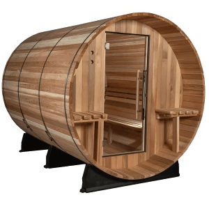 Almost Heaven Huntington Barrel Sauna with natural wood finish, front glass door and dual exterior benches, on a transparent background.