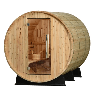 Almost Heaven Princeton Barrel Sauna, natural wood finish, front view showing glass door and interior benches, on a transparent background.