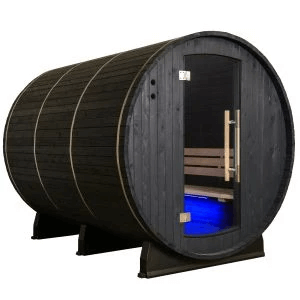 lmost Heaven Princeton Barrel Sauna in onyx black finish, illuminated interior with blue LED light, front view with glass door, on a white background.