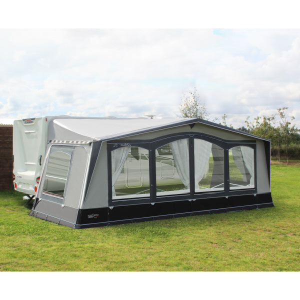 An Atlantis DL Awning with open windows shown from front left
