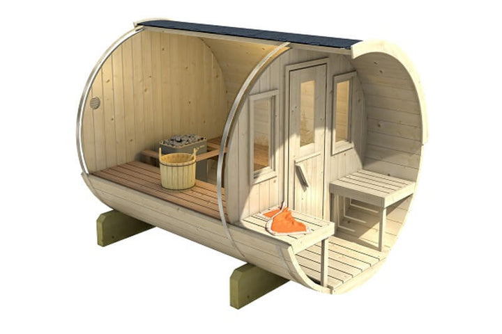 Cutaway rendering of InMedias Barrel Sauna 250 interior, showing internal benches, stove, and dual-paneled glass door with two side windows – on a white background.