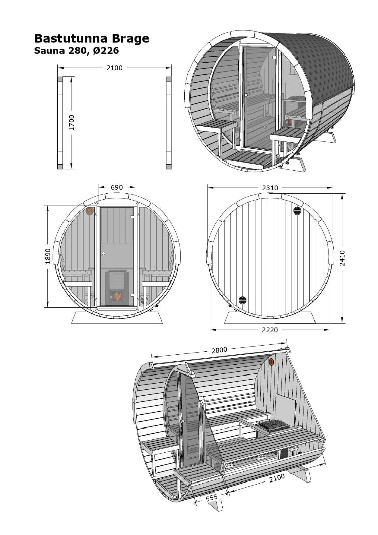 Technical drawing of InMedias Barrel Sauna 280 Deluxe showing full dimensions, floor plan and internal layout, on a white background.