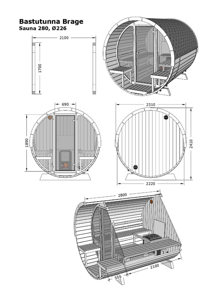 Technical drawing of InMedias Barrel Sauna 280 Deluxe showing full dimensions, floor plan and internal layout, on a white background.