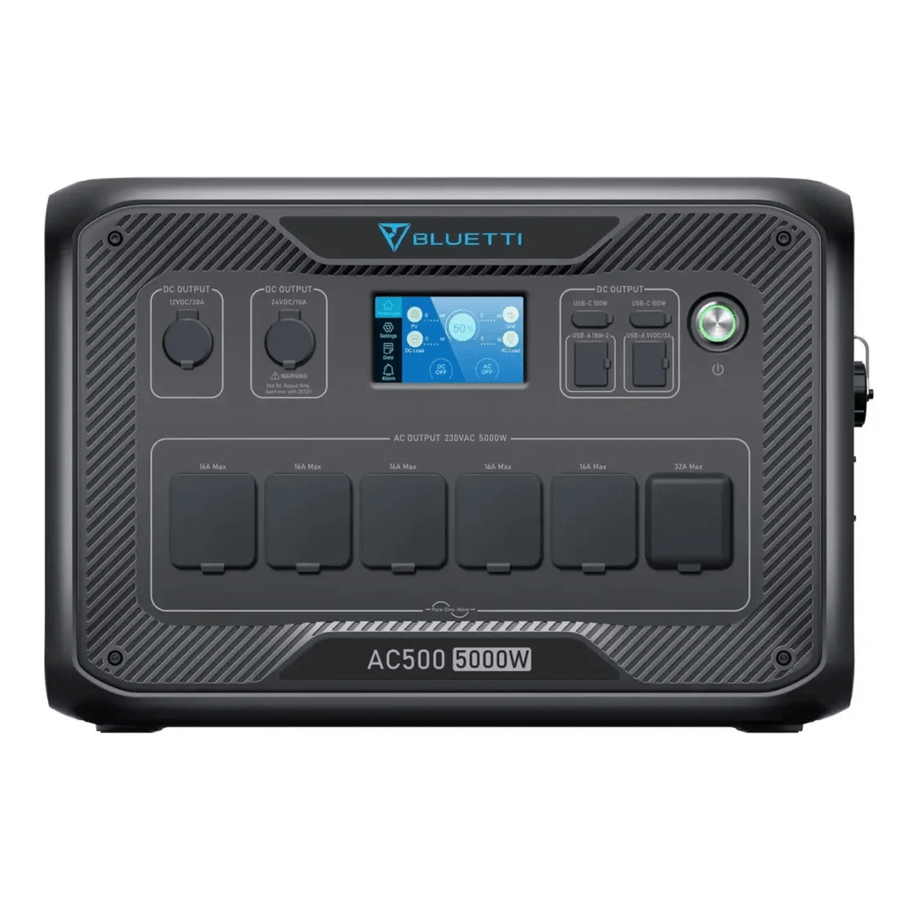 Front view of Bluetti AC500 5000W inverter module with six AC outlets and LCD screen on a white background.