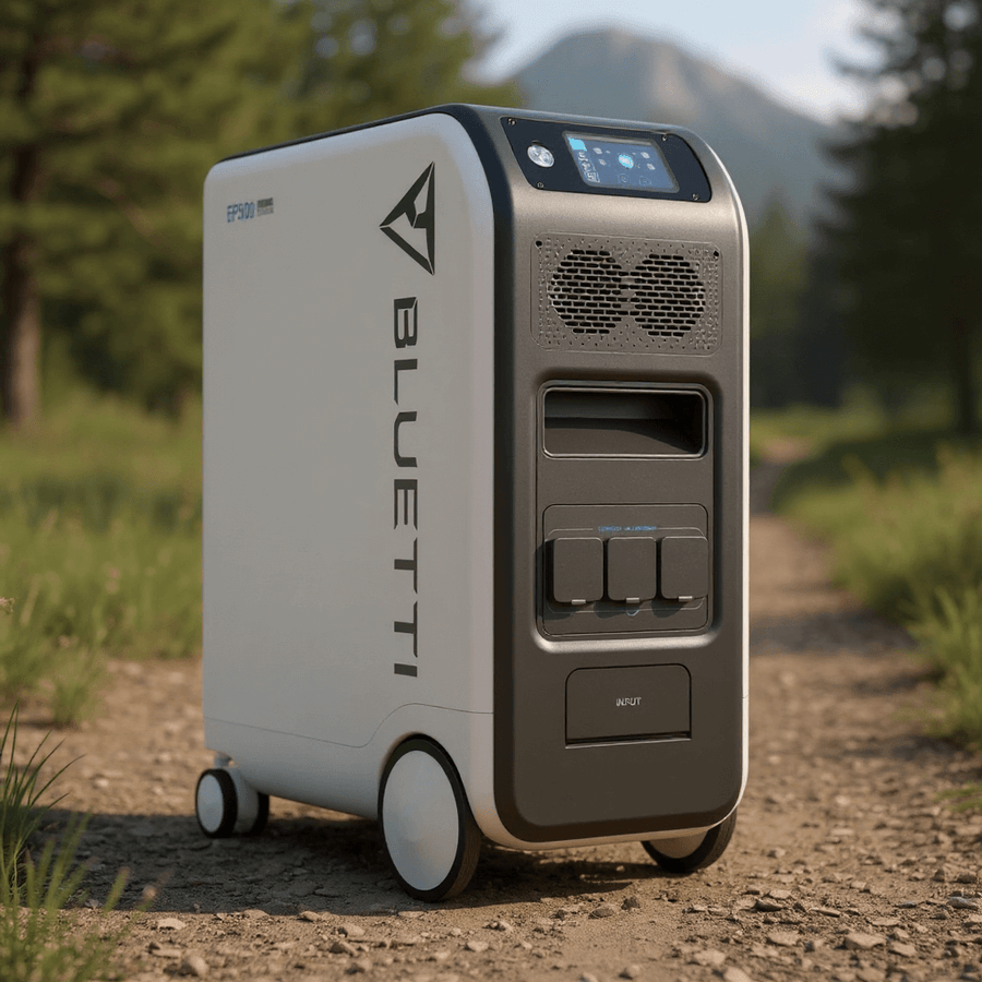 Bluetti EP500Pro portable power station with wheels, positioned on a forested outdoor area with mountains in the background.