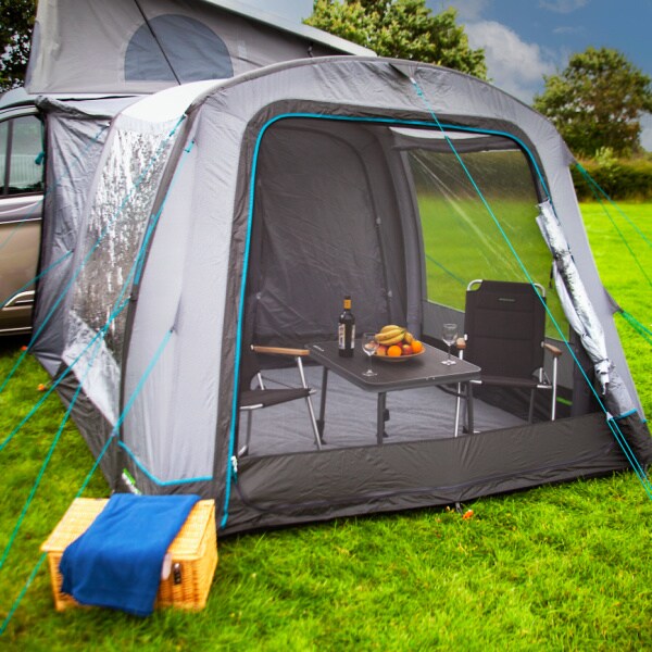 Cayman Air T2 Driveaway Awning shown from front with open panels