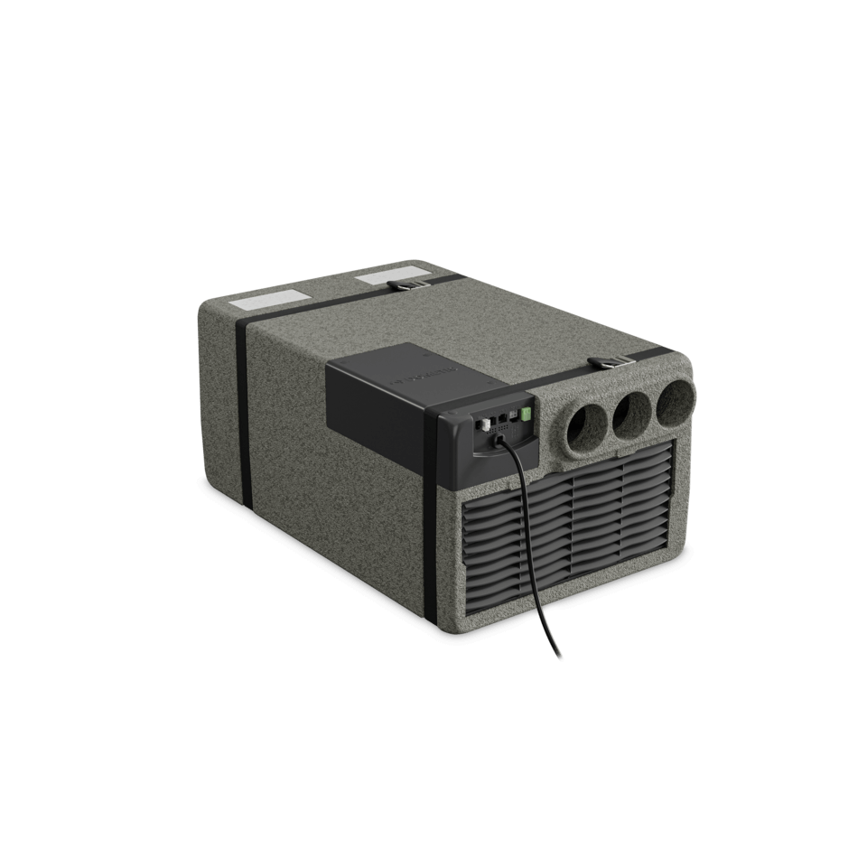 Dometic FreshWell FWX4 under-bench air conditioning unit, featuring a compact rectangular design with triple air outlets and front ventilation grill, on a transparent background.