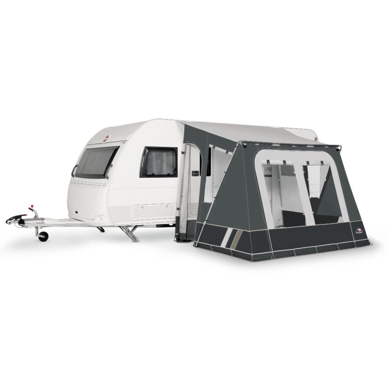 A Dorema Mistral Caravan Awning in grey on a white background