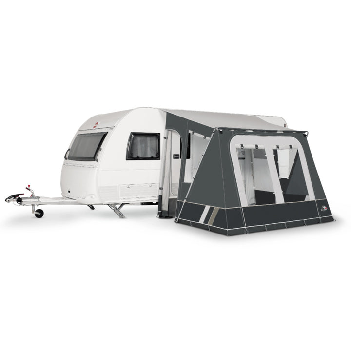 A Dorema Mistral Caravan Awning in grey on a white background
