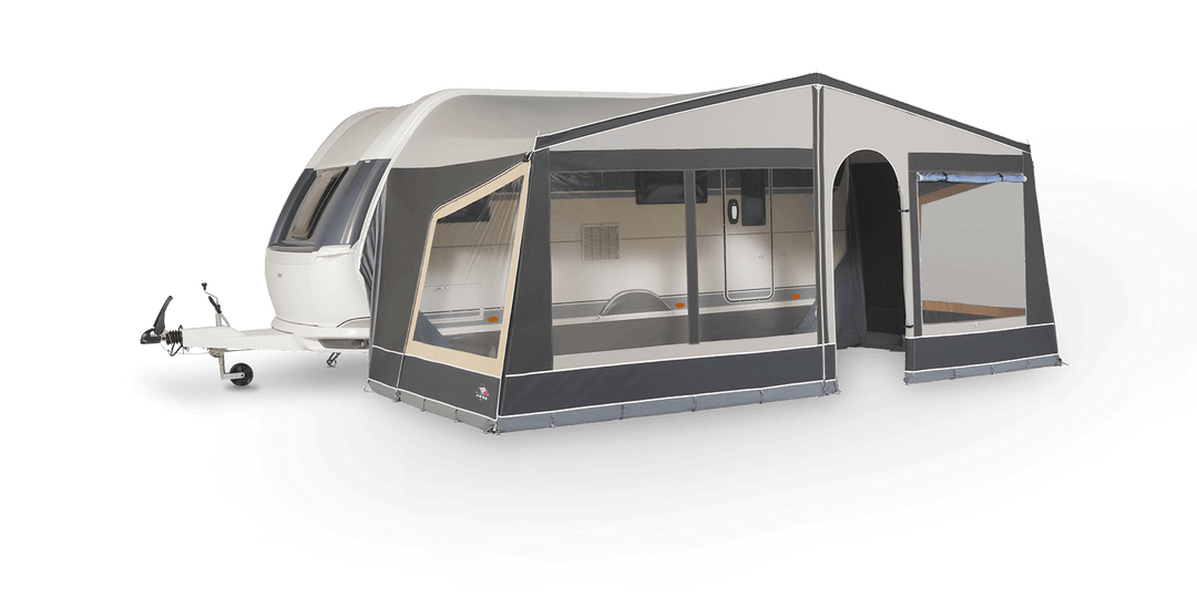 Dorema Panorama Nature caravan sun canopy and awning setup showing side walls and windows on a transparent background.