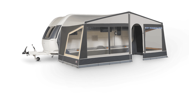 Dorema Panorama Nature caravan sun canopy and awning setup showing side walls and windows on a transparent background.