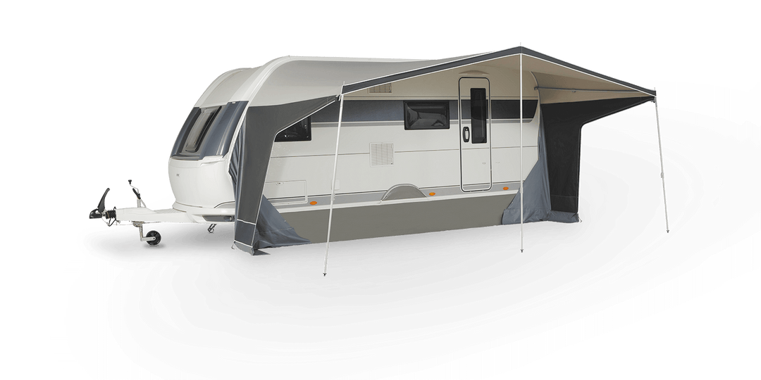 Dorema Panorama Nature sun canopy attached to a touring caravan, featuring open sides and front panels on a transparent background.