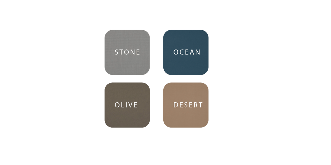 Dorema Panorama Nature fabric colour options – stone, ocean, olive, and desert – displayed on a transparent background.