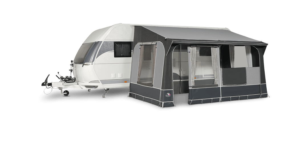 Dorema Quartz 400 De Luxe poled porch awning with full annex attached to caravan, showing window curtains and roof support structure on a transparent background.