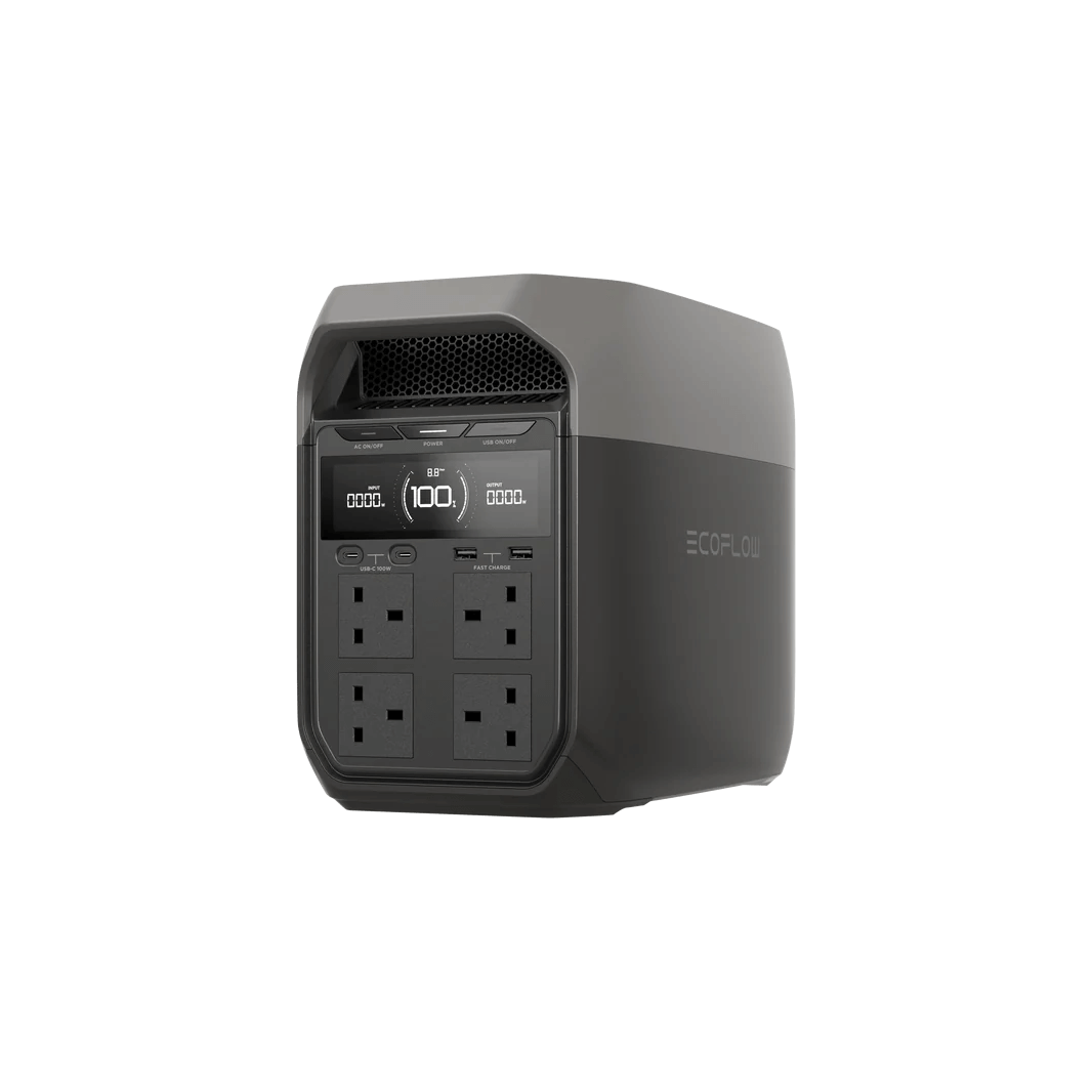 Side view of the dark color variant of the EcoFlow DELTA 3 Series, emphasizing the compact and modern design with full outlet panel, on a transparent background.
