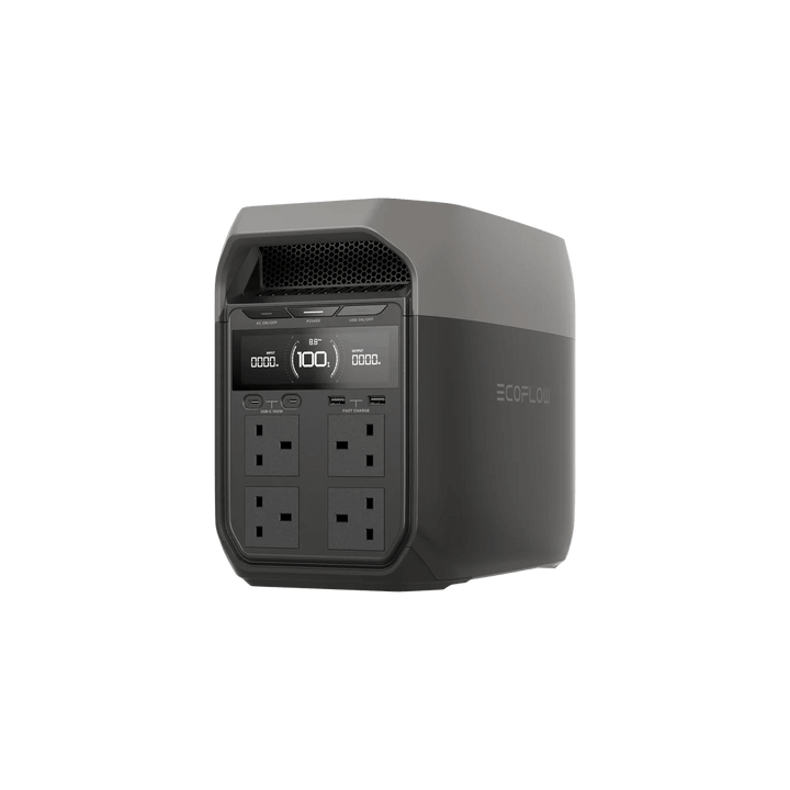 Side view of the dark color variant of the EcoFlow DELTA 3 Series, emphasizing the compact and modern design with full outlet panel, on a transparent background.