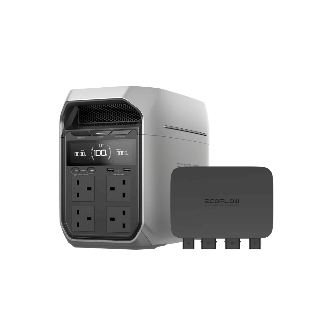Angled front view of the EcoFlow DELTA 3 Series with its automatic transfer switch accessory placed beside it, showing full power interface, with a transparent background.