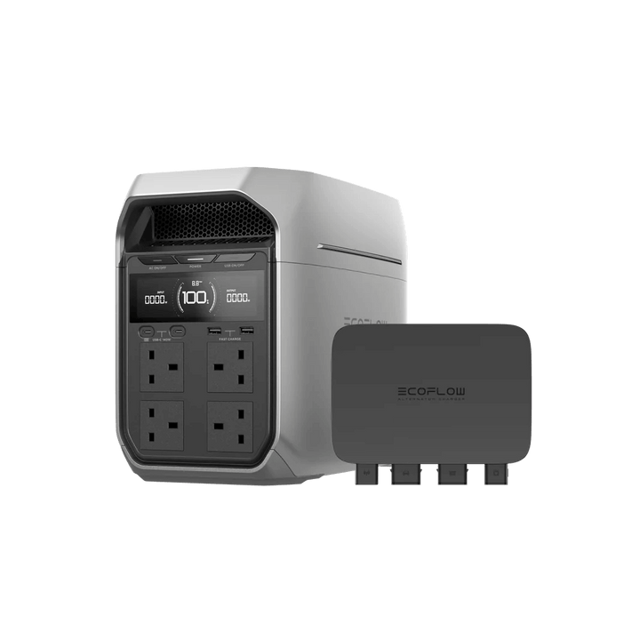Angled front view of the EcoFlow DELTA 3 Series with its automatic transfer switch accessory placed beside it, showing full power interface, with a transparent background.