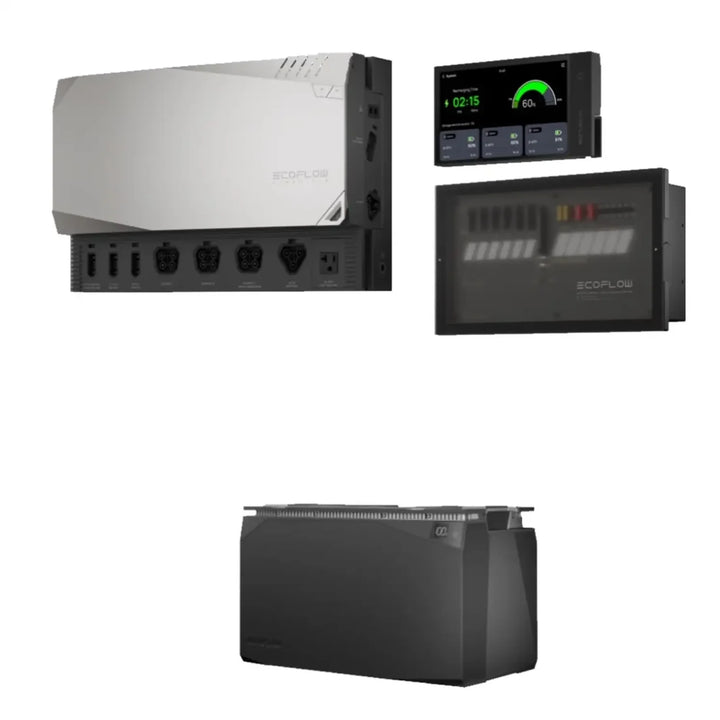 EcoFlow modular power kit system showing inverter, smart distribution panel, and batteries on a white background.