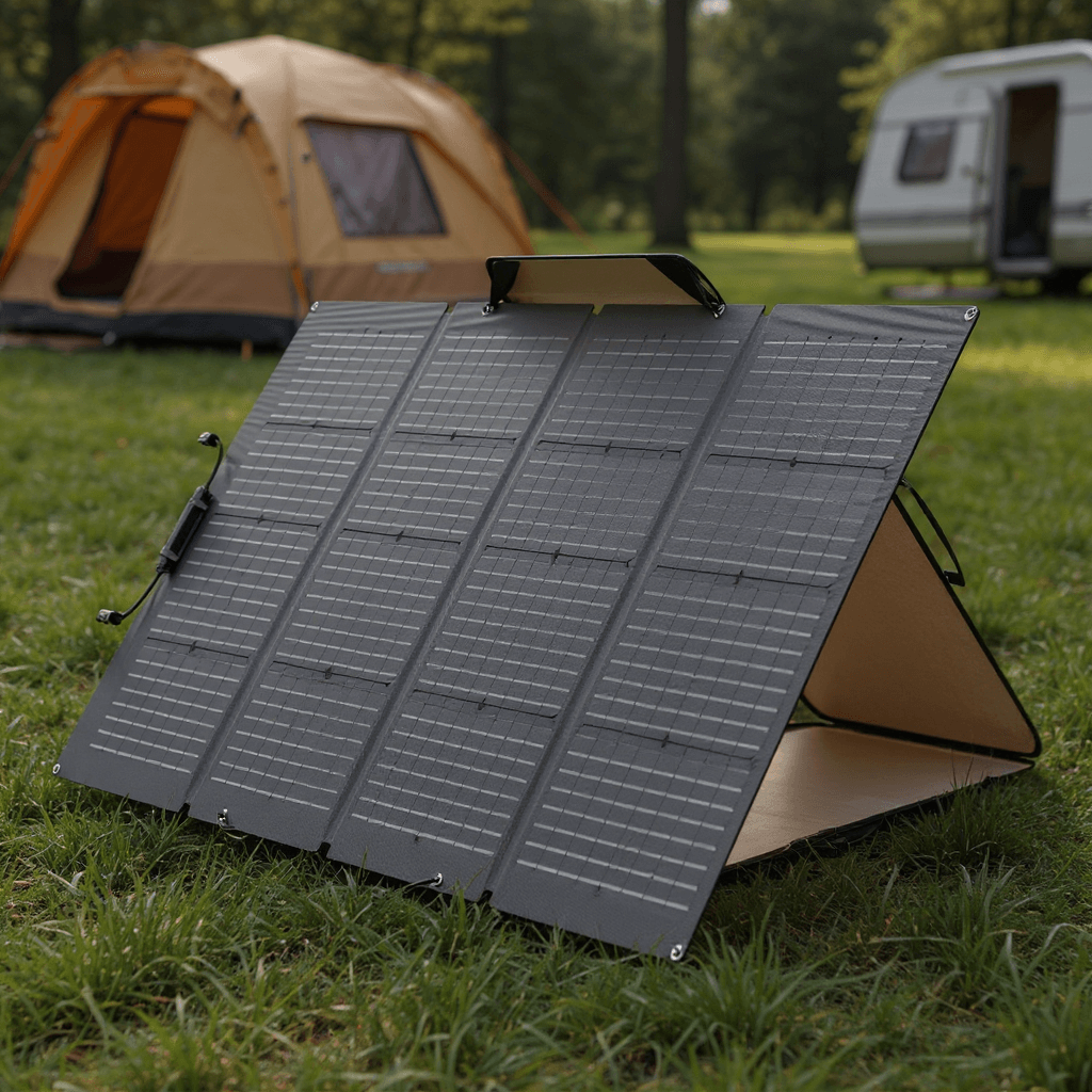 EcoFlow 220W bifacial solar panel set up on grass at a campsite, with a tent and camper visible in the background.