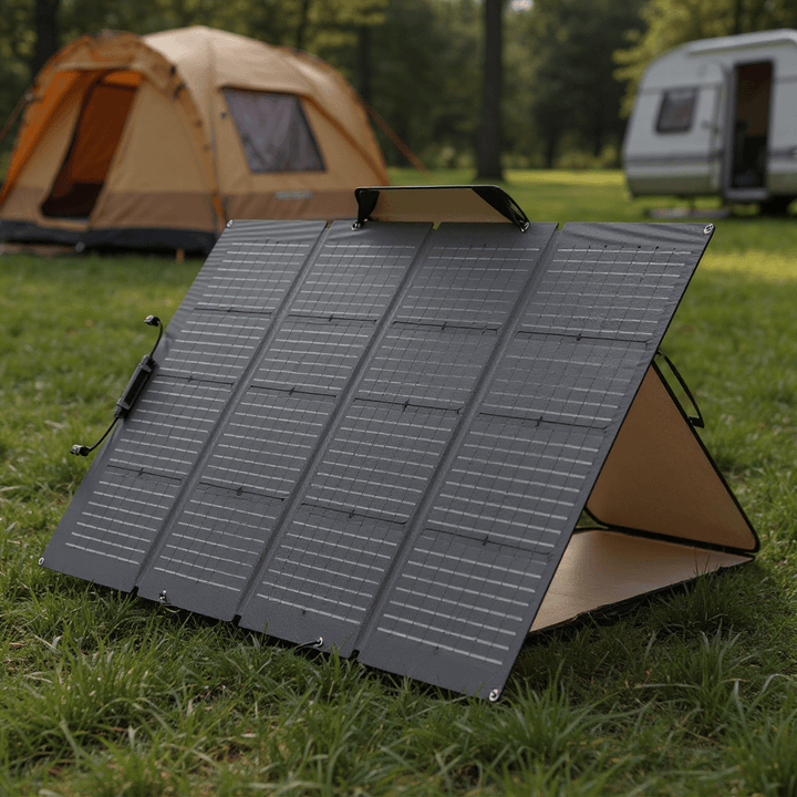 EcoFlow 220W bifacial solar panel set up on grass at a campsite, with a tent and camper visible in the background.