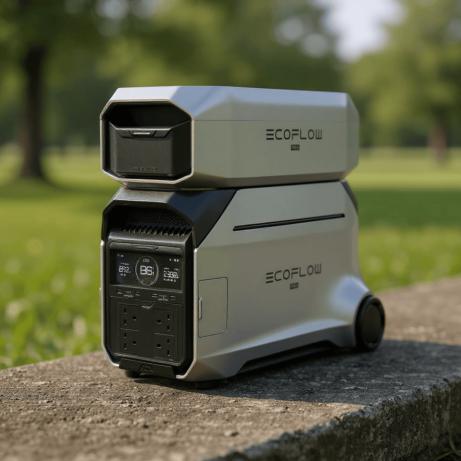 EcoFlow DELTA Pro 3 power station with Smart Extra Battery stacked on top, placed outdoors on a concrete surface in a grassy park setting