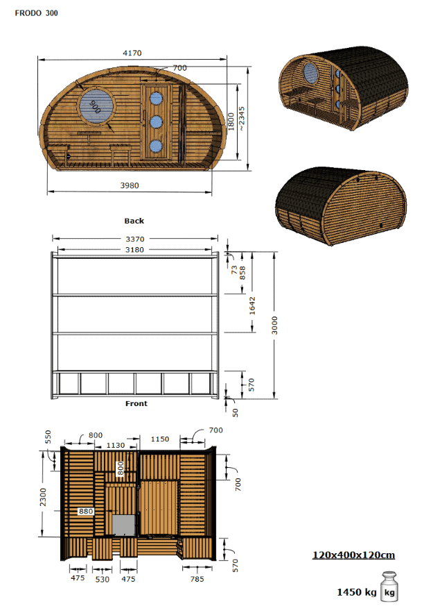 Technical diagram of the InMedias Oval Sauna Frodo 300, showing floor plan, dimensions, and structural layout ,on a white background.