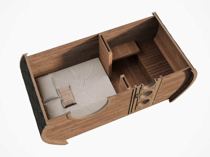 top-down isometric cutaway of the InMedias Frodo Camping 195 showing the double bed, small entry area, and desk setup, on a white background.