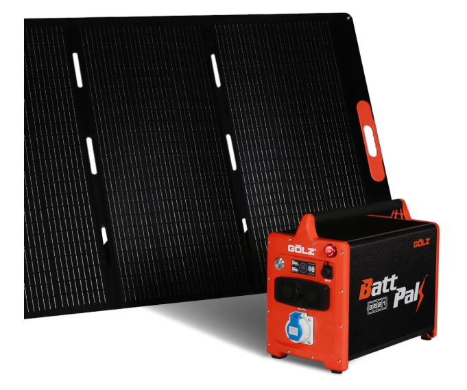 GOLZ BattPak 3621 connected to a foldable solar panel, showcasing off-grid charging capability with renewable energy support, with white background.