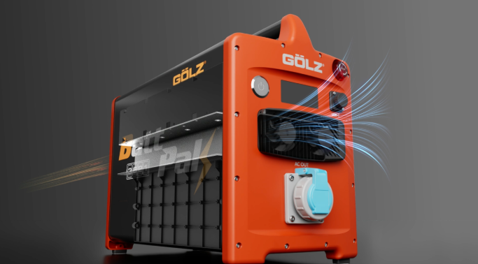 Showing the internal airflow system of the GÖLZ BattPak 3621 battery pack, highlighting cooling efficiency and compact power design, on a gray background.