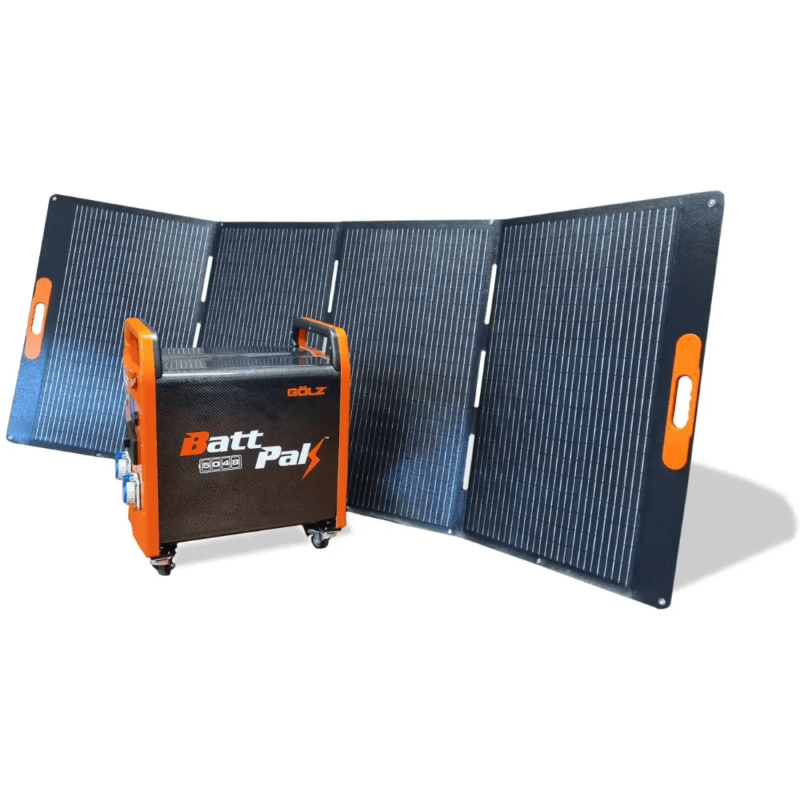 GoLZ BattPak 5048 portable battery system paired with foldable PU solar panel for mobile off-grid energy charging