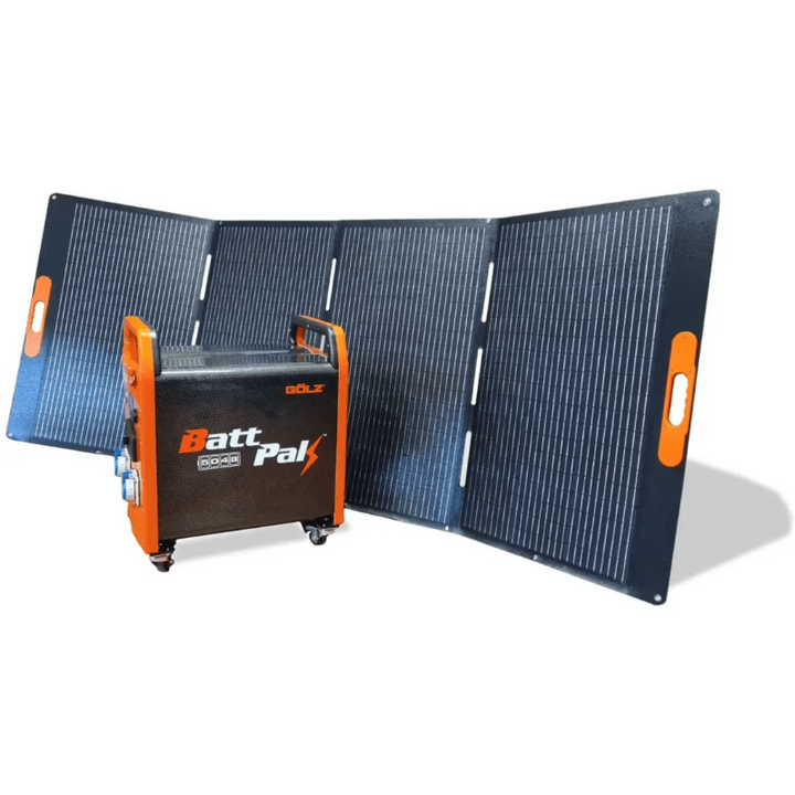 GoLZ BattPak 5048 portable battery system paired with foldable PU solar panel for mobile off-grid energy charging