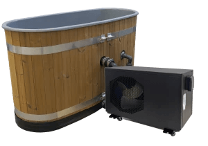 Harvia Frosty Cold Plunge tub with external chiller unit, oval wooden exterior and metal bands, on a transparent background