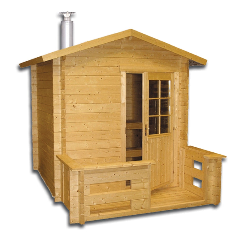 Harvia Outdoor Sauna 2000x2000mm with wooden front railings and visible chimney on a white background.