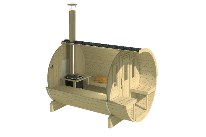 Cutaway rendering of InMedias Barrel Sauna 280 in pale wood showing stove and interior layout – on a transparent background.