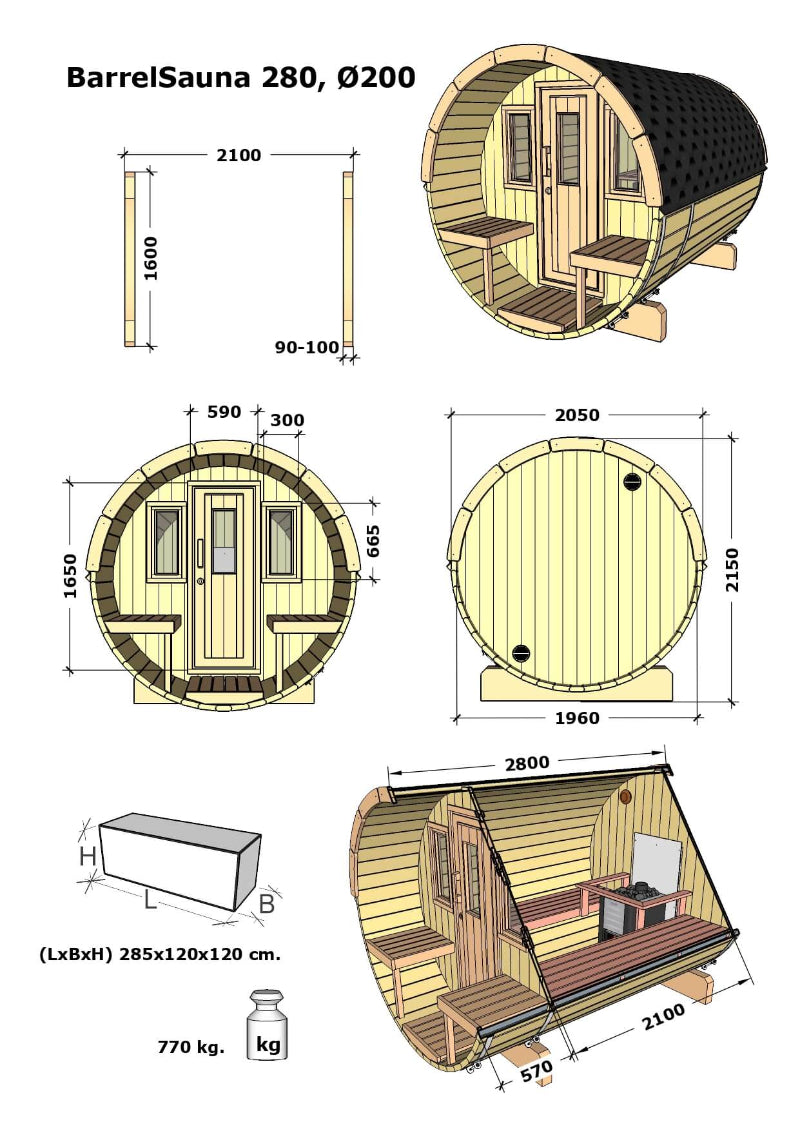 Technical drawing of InMedias Barrel Sauna 280 with dimensions and cross-section view – on a white background.