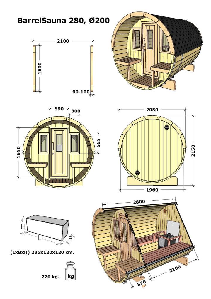 Technical drawing of InMedias Barrel Sauna 280 with dimensions and cross-section view – on a white background.
