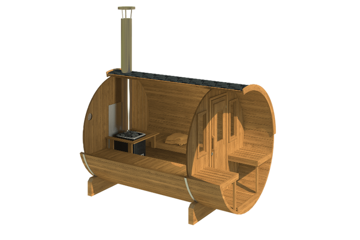 Cutaway rendering of InMedias Barrel Sauna 280 in dark wood finish showing interior benches and stove – on a transparent background.