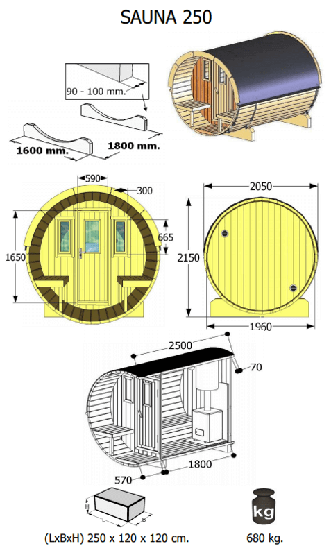 Technical drawing of InMedias Barrel Sauna 250, displaying dimensions and layout including side cutaway with heater and benches – on a white background.