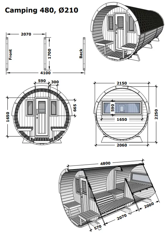 Technical drawing of the InMedias Camping Barrel 480 with dimensions, shown on a white background.