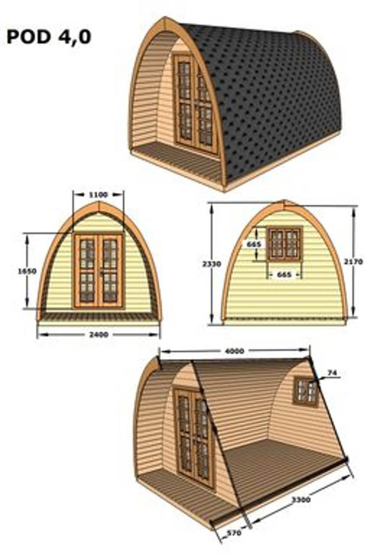 InMedias Camping Pod 400 technical drawing with labeled dimensions and 3D views, on a white background.