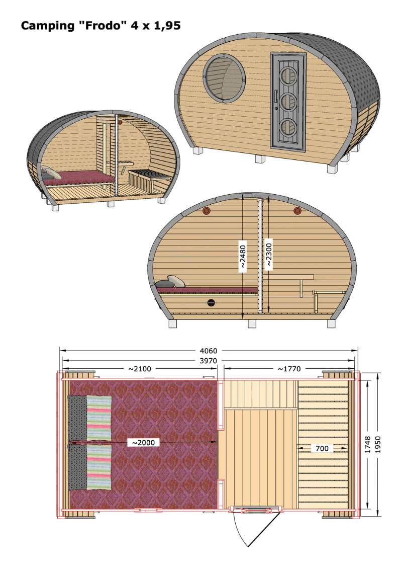 Technical drawing and layout of the InMedias Frodo Camping 195 pod with detailed room measurements and floor plan, on a white background.